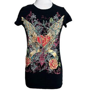 KKamie Womens T Shirt Size XL Black Heart Wings Roses Chain Short Sleeve Goth